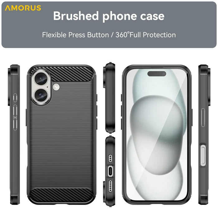 AMORUS For iPhone 16 Case Carbon Fiber Texture Brushed Protective Phone Cover - Black - 3