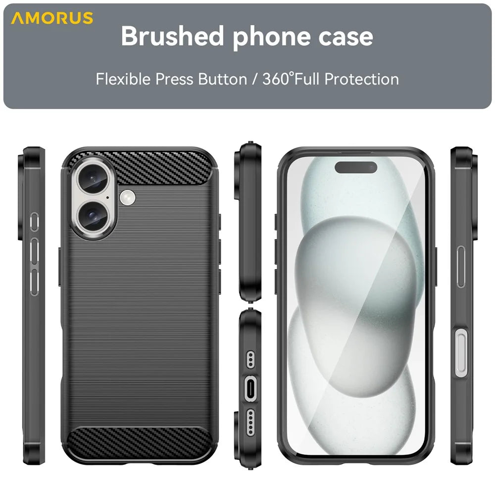 AMORUS For iPhone 16 Plus Case Carbon Fiber Texture Brushed Protective Phone Cover - Black - 3