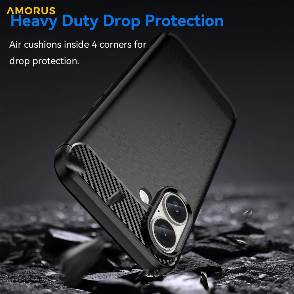 AMORUS For iPhone 16 Plus Case Carbon Fiber Texture Brushed Protective Phone Cover - Black - 4