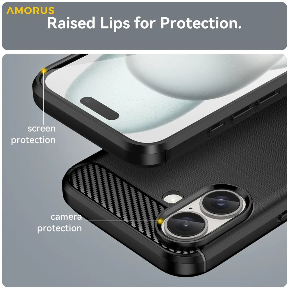 AMORUS For iPhone 16 Plus Case Carbon Fiber Texture Brushed Protective Phone Cover - Black - 7