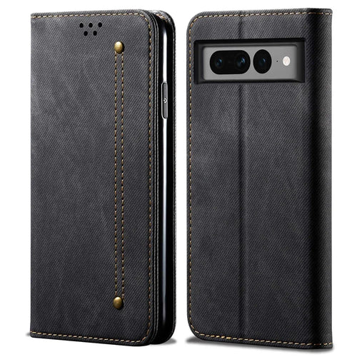 For Google Pixel 7 Pro 5G Jeans Cloth Texture PU Leather Phone Case Stand Magnetic Absorption Wallet Flip Cover - Black - 1