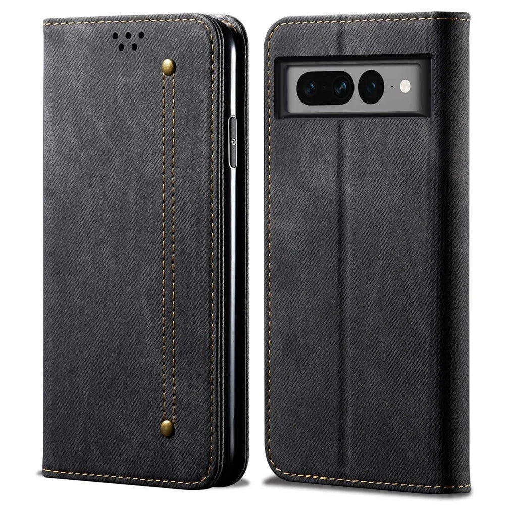 For Google Pixel 7 Pro 5G Jeans Cloth Texture PU Leather Phone Case Stand Magnetic Absorption Wallet Flip Cover - Black - 1