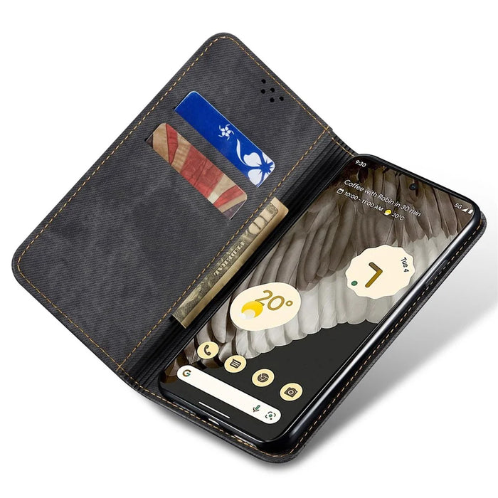 For Google Pixel 7 Pro 5G Jeans Cloth Texture PU Leather Phone Case Stand Magnetic Absorption Wallet Flip Cover - Black - 3