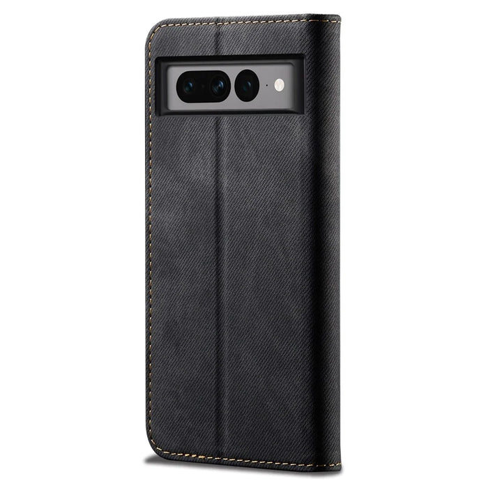 For Google Pixel 7 Pro 5G Jeans Cloth Texture PU Leather Phone Case Stand Magnetic Absorption Wallet Flip Cover - Black - 6