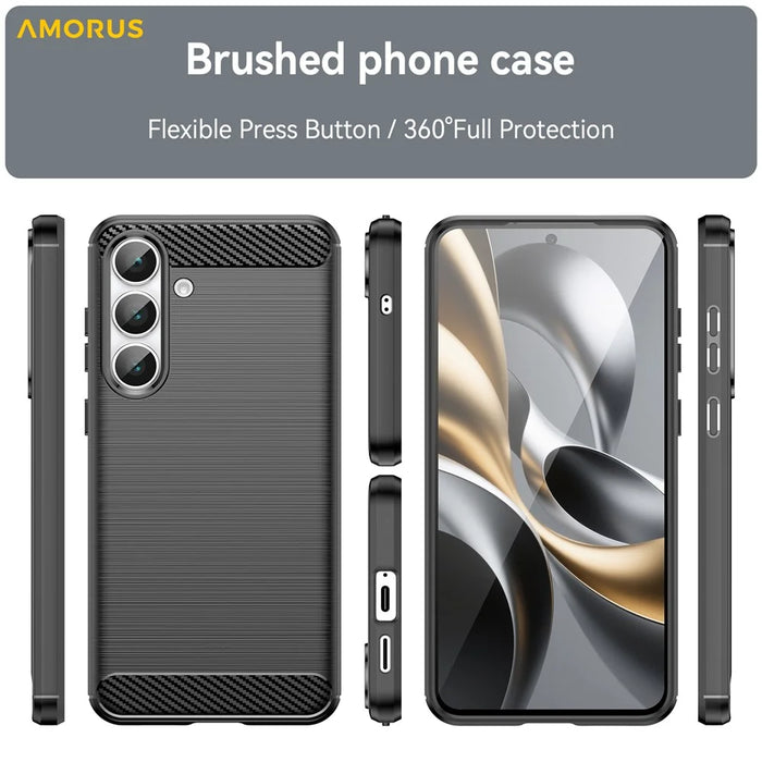 AMORUS For Samsung Galaxy S25 FE Case Carbon Fiber Texture Brushed Protective Phone Cover - Black - 3