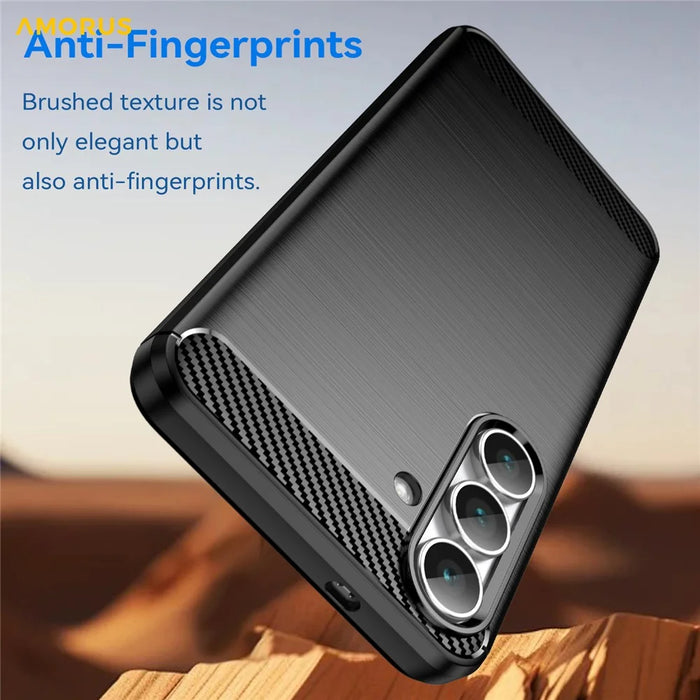 AMORUS For Samsung Galaxy S25 FE Case Carbon Fiber Texture Brushed Protective Phone Cover - Black - 4