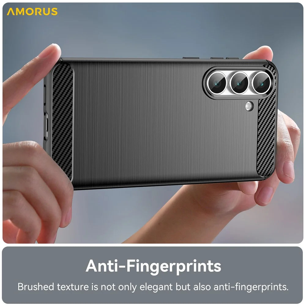AMORUS For Samsung Galaxy S25 FE Case Carbon Fiber Texture Brushed Protective Phone Cover - Black - 6