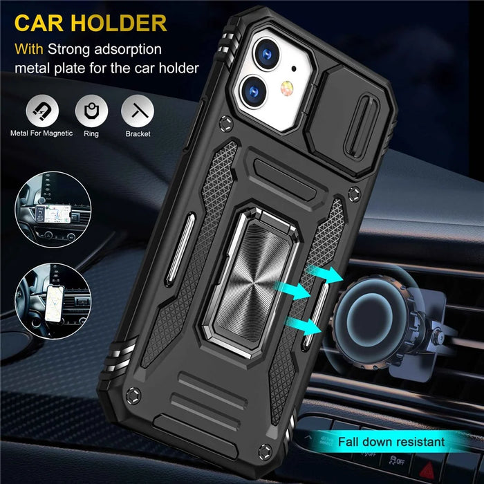 Armor Series for iPhone 11 6.1 inch Anti-scratch Phone Case Kickstand PC + TPU Protective Back Cover with Slide Camera Cover - Black - 6