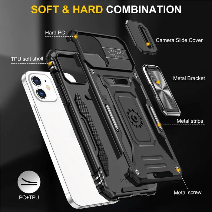 Armor Series for iPhone 11 6.1 inch Anti-scratch Phone Case Kickstand PC + TPU Protective Back Cover with Slide Camera Cover - Black - 7