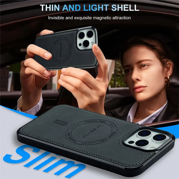 LC.IMEEKE L6 For iPhone 14 Pro Max Case PU Leather Coated PC TPU Phone Cover Compatible with MagSafe - Black - 4