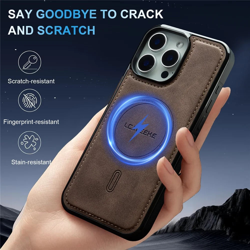 LC.IMEEKE L6 For iPhone 14 Pro Case PU Leather Coated PC TPU Phone Cover Compatible with MagSafe - Coffee - 3