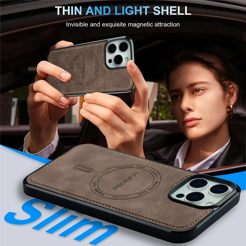 LC.IMEEKE L6 For iPhone 14 Pro Case PU Leather Coated PC TPU Phone Cover Compatible with MagSafe - Coffee - 4