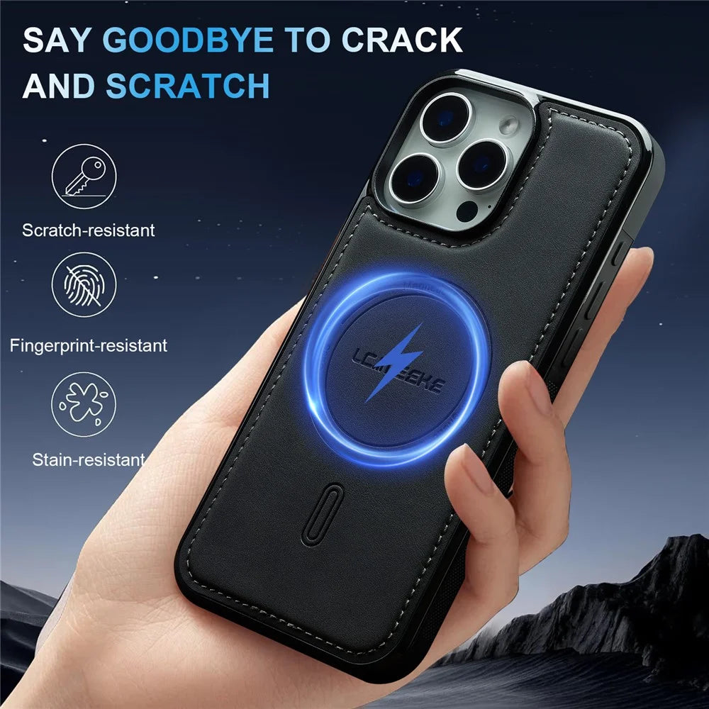 LC.IMEEKE L6 For iPhone 15 Pro Case PU Leather Coated PC TPU Phone Cover Compatible with MagSafe - Black - 3