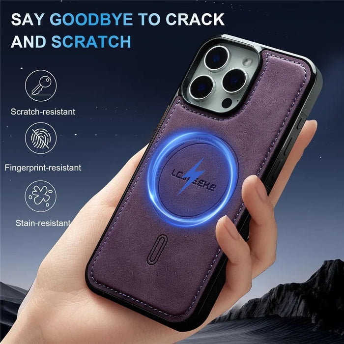LC.IMEEKE L6 For iPhone 15 Pro Max Case PU Leather Coated PC TPU Phone Cover Compatible with MagSafe - Purple - 3