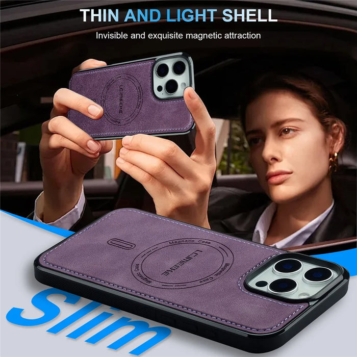 LC.IMEEKE L6 For iPhone 15 Pro Max Case PU Leather Coated PC TPU Phone Cover Compatible with MagSafe - Purple - 4