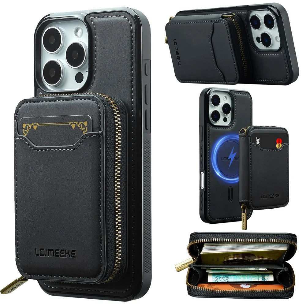 LC.IMEEKE L6 For iPhone 15 Pro Magnetic Case Detachable Zipper Wallet Leather Coated PC + TPU Phone Cover - Black - 1
