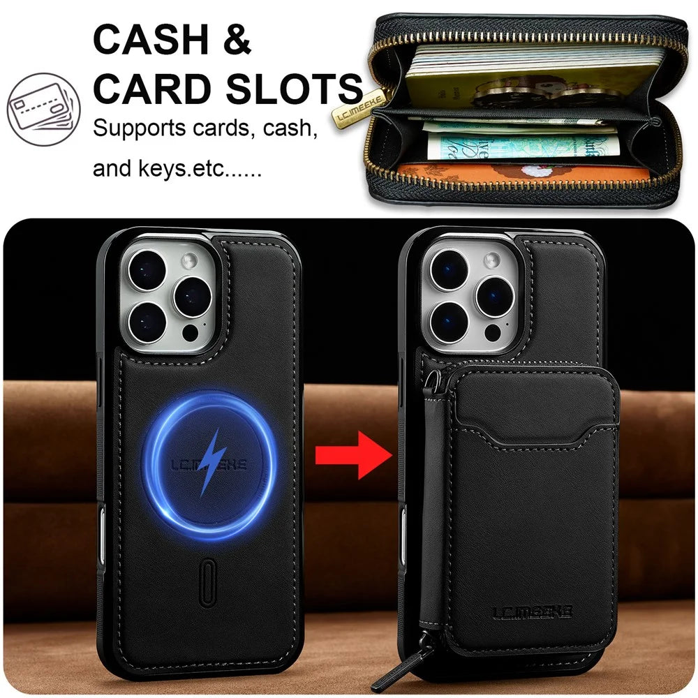 LC.IMEEKE L6 For iPhone 15 Pro Magnetic Case Detachable Zipper Wallet Leather Coated PC + TPU Phone Cover - Black - 4