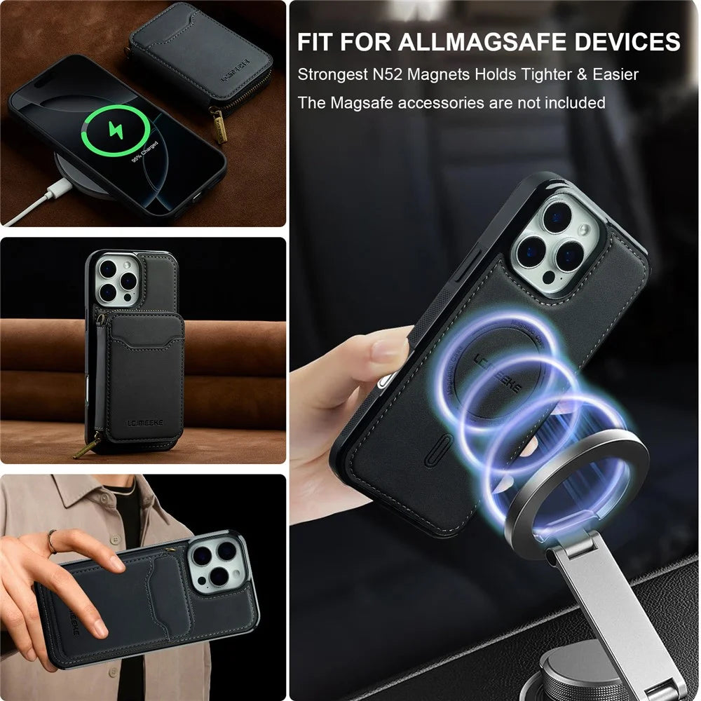 LC.IMEEKE L6 For iPhone 15 Pro Magnetic Case Detachable Zipper Wallet Leather Coated PC + TPU Phone Cover - Black - 6