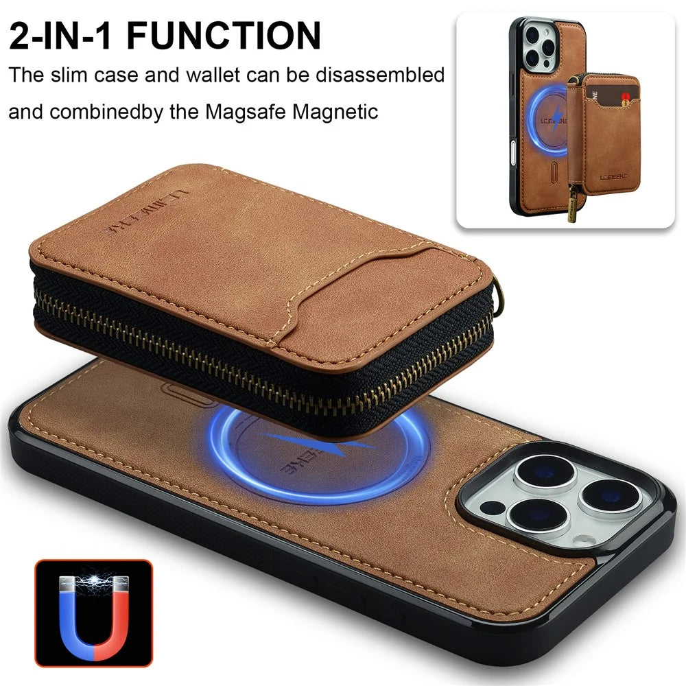 LC.IMEEKE L6 For iPhone 14 Pro Magnetic Case Detachable Zipper Wallet Leather Coated PC + TPU Phone Cover - Brown - 3