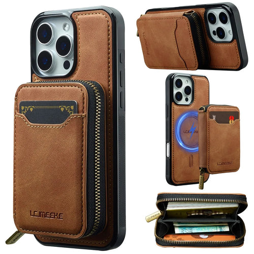 LC.IMEEKE L6 For iPhone 13 Pro Max Magnetic Case Detachable Zipper Wallet Leather Coated PC + TPU Phone Cover - Brown - 1