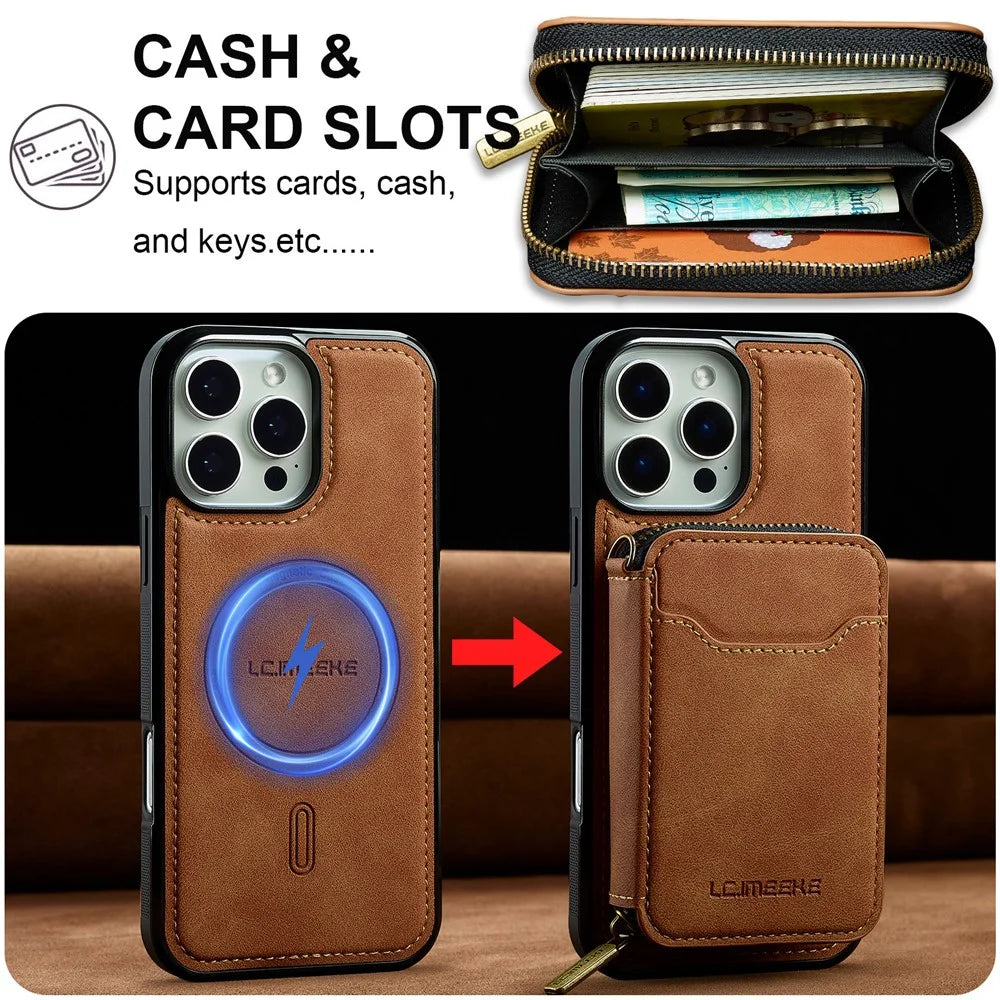 LC.IMEEKE L6 For iPhone 13 Pro Max Magnetic Case Detachable Zipper Wallet Leather Coated PC + TPU Phone Cover - Brown - 4