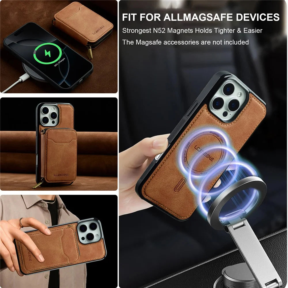 LC.IMEEKE L6 For iPhone 13 Pro Max Magnetic Case Detachable Zipper Wallet Leather Coated PC + TPU Phone Cover - Brown - 6
