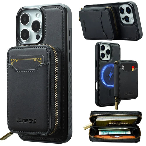 LC.IMEEKE L6 For iPhone 13 Pro Magnetic Case Detachable Zipper Wallet Leather Coated PC + TPU Phone Cover - Black - 1