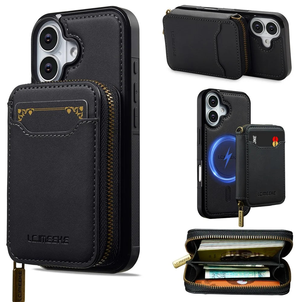 LC.IMEEKE L6 For iPhone 16 Magnetic Case Detachable Zipper Wallet Leather Coated PC + TPU Phone Cover - Black - 1
