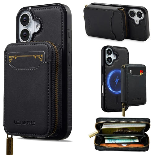 LC.IMEEKE L6 For iPhone 16 Magnetic Case Detachable Zipper Wallet Leather Coated PC + TPU Phone Cover - Black - 1
