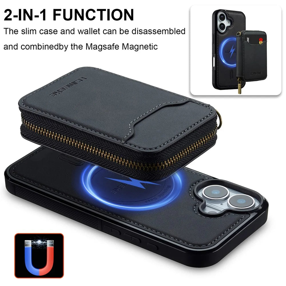 LC.IMEEKE L6 For iPhone 16 Magnetic Case Detachable Zipper Wallet Leather Coated PC + TPU Phone Cover - Black - 3