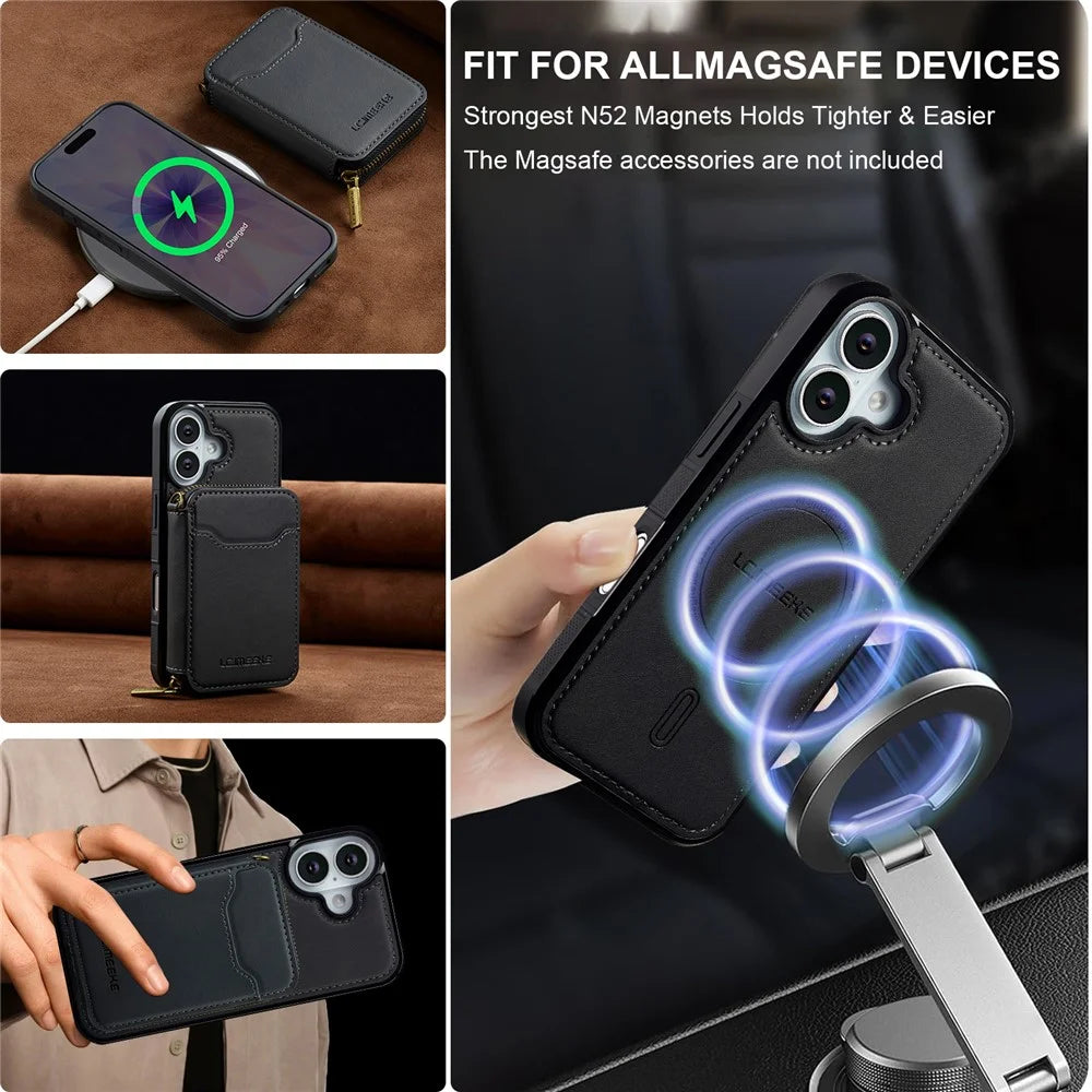 LC.IMEEKE L6 For iPhone 16 Magnetic Case Detachable Zipper Wallet Leather Coated PC + TPU Phone Cover - Black - 6