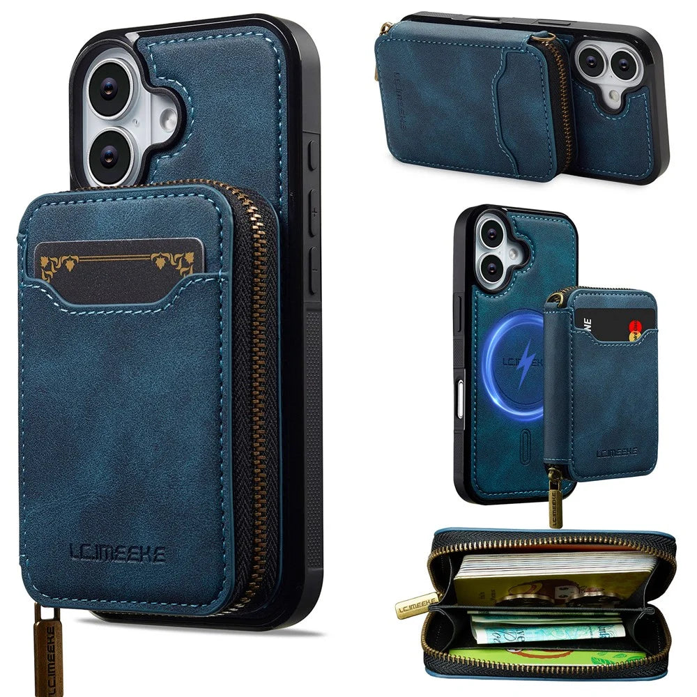 LC.IMEEKE L6 For iPhone 16 Plus Magnetic Case Detachable Zipper Wallet Leather Coated PC + TPU Phone Cover - Blue - 1