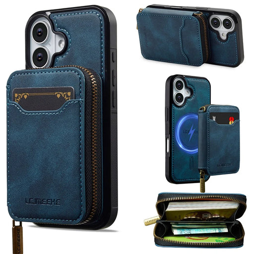 LC.IMEEKE L6 For iPhone 16 Plus Magnetic Case Detachable Zipper Wallet Leather Coated PC + TPU Phone Cover - Blue - 1