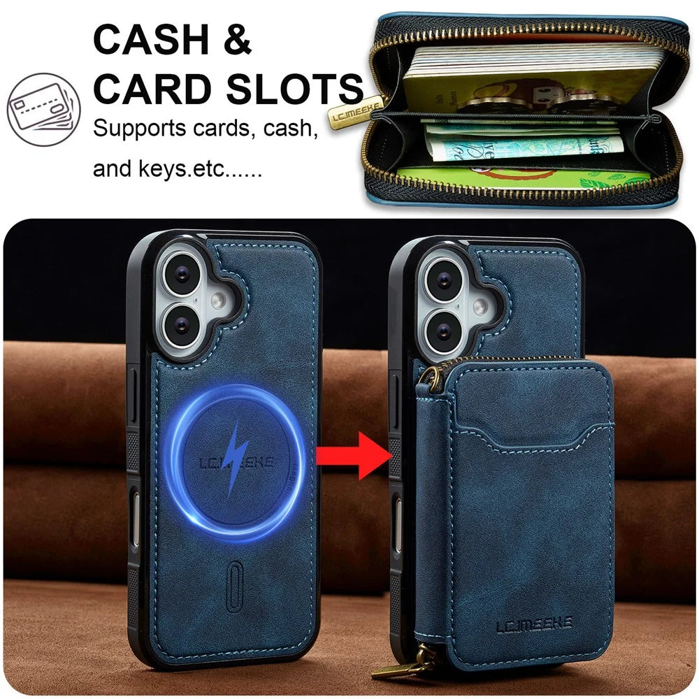 LC.IMEEKE L6 For iPhone 16 Plus Magnetic Case Detachable Zipper Wallet Leather Coated PC + TPU Phone Cover - Blue - 4