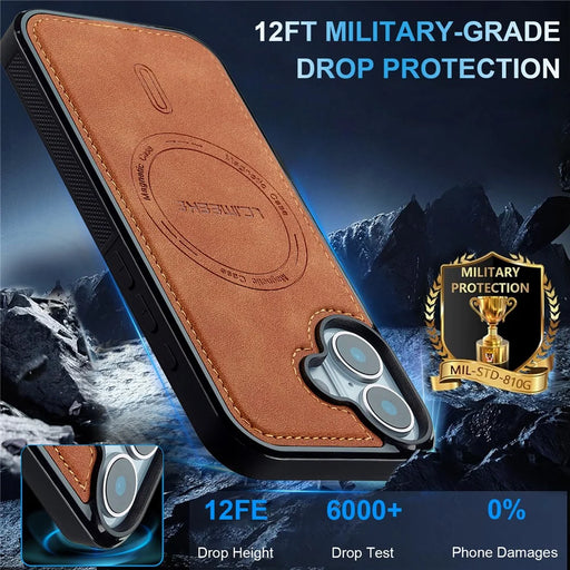LC.IMEEKE L6 For iPhone 16 Case PU Leather Coated PC TPU Phone Cover Compatible with MagSafe - Brown - 2