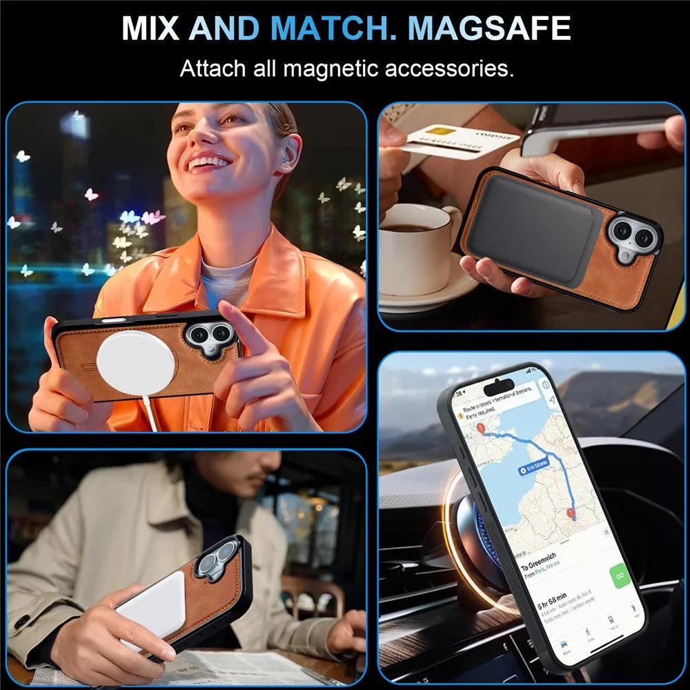 LC.IMEEKE L6 For iPhone 16 Case PU Leather Coated PC TPU Phone Cover Compatible with MagSafe - Brown - 5