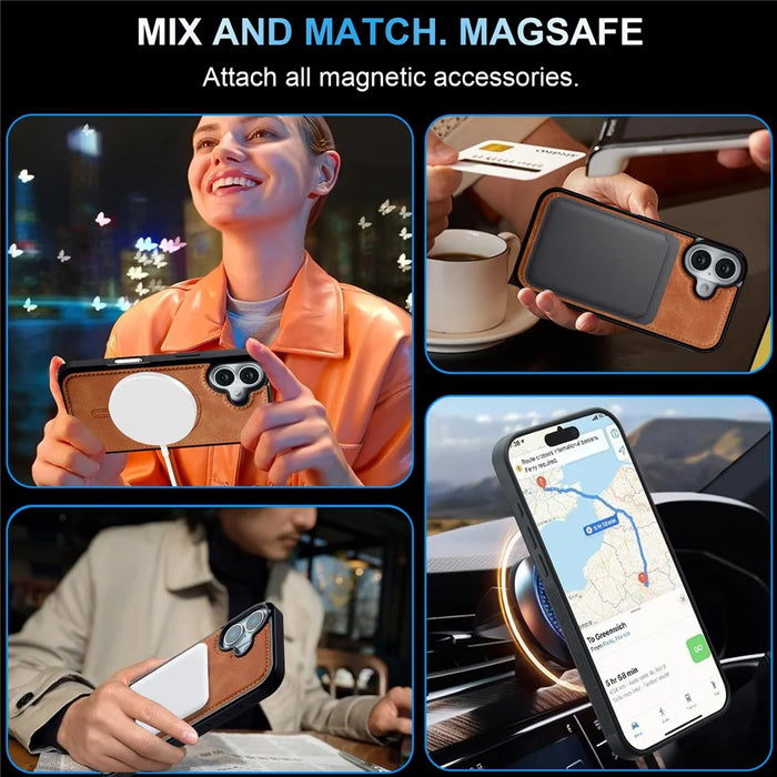 LC.IMEEKE L6 For iPhone 16 Case PU Leather Coated PC TPU Phone Cover Compatible with MagSafe - Brown - 5