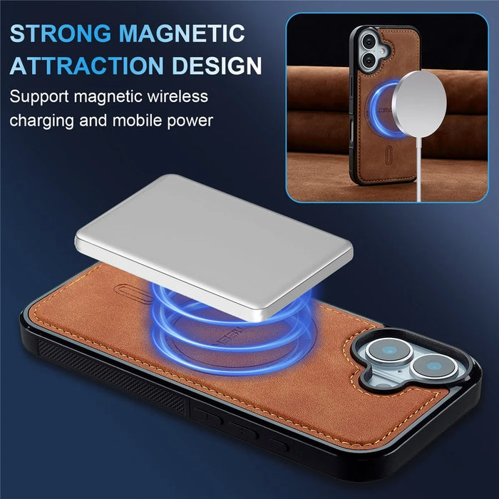 LC.IMEEKE L6 For iPhone 16 Case PU Leather Coated PC TPU Phone Cover Compatible with MagSafe - Brown - 7