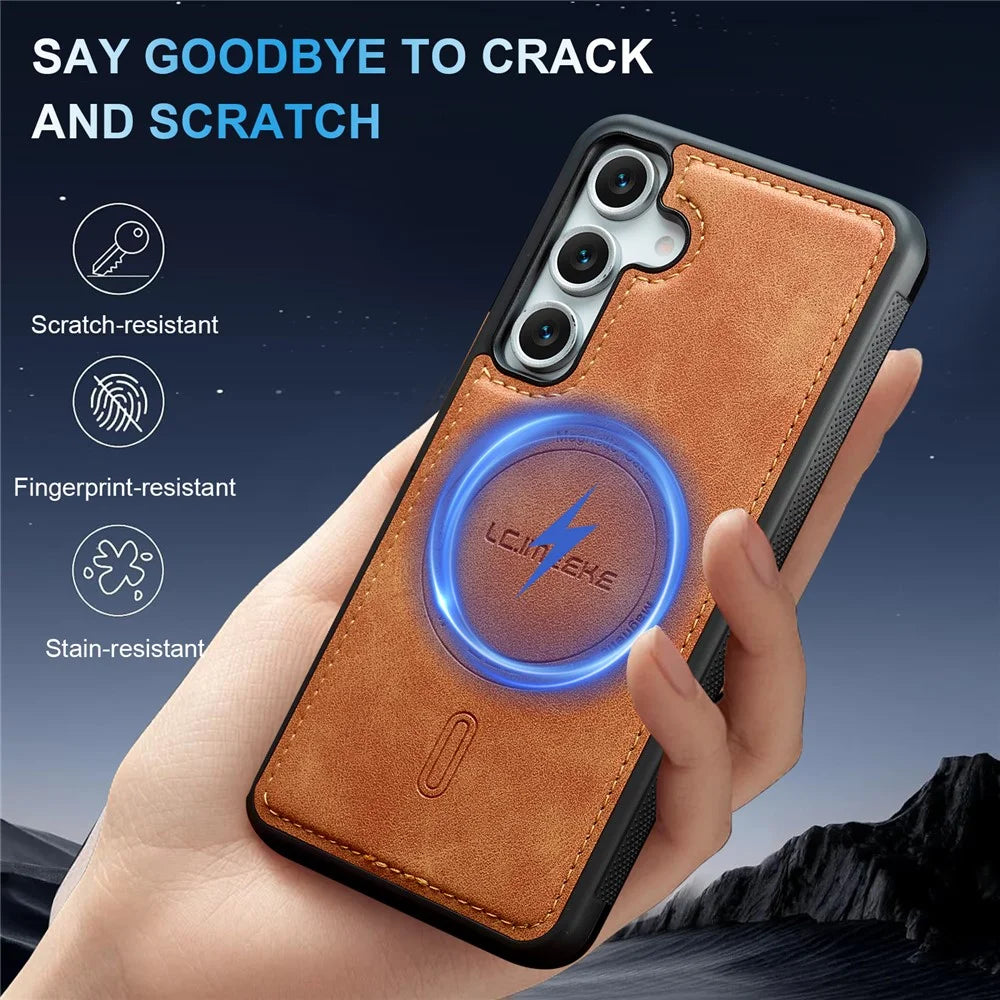 LC.IMEEKE L6 For Samsung Galaxy S25 Magnetic Case PU Leather Coated PC TPU Phone Cover - Brown - 3