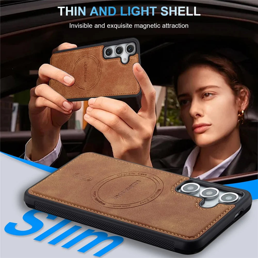 LC.IMEEKE L6 For Samsung Galaxy S25 Magnetic Case PU Leather Coated PC TPU Phone Cover - Brown - 4