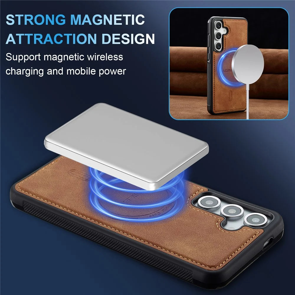 LC.IMEEKE L6 For Samsung Galaxy S25 Magnetic Case PU Leather Coated PC TPU Phone Cover - Brown - 7