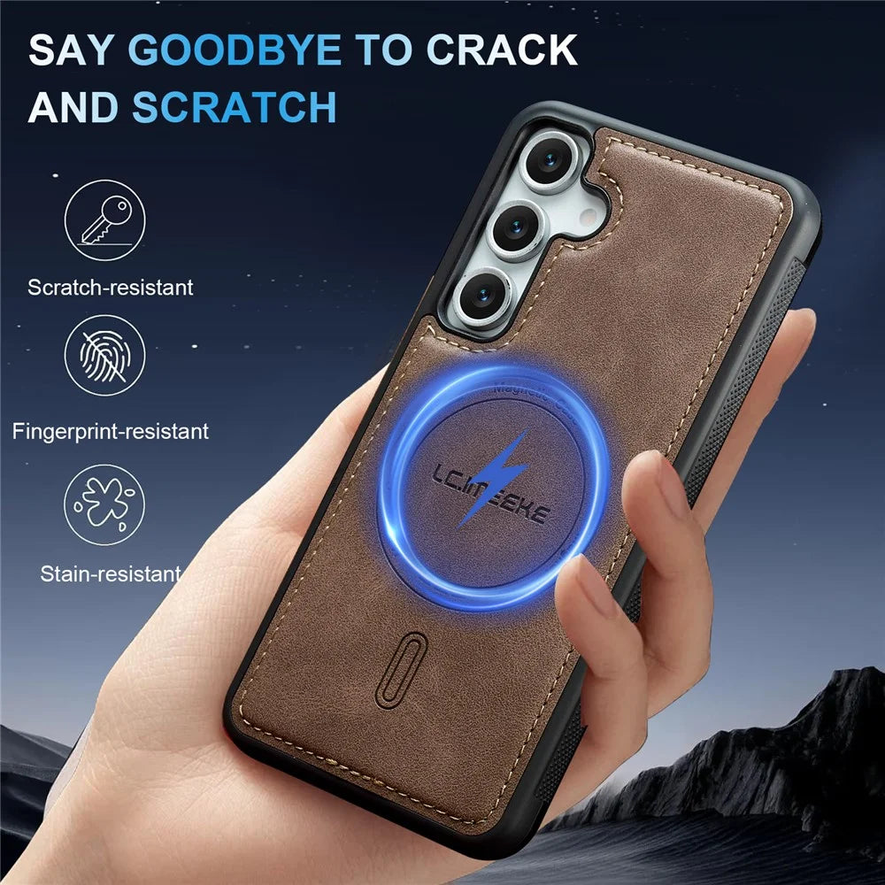 LC.IMEEKE L6 For Samsung Galaxy S25+ Magnetic Case PU Leather Coated PC TPU Phone Cover - Coffee - 3