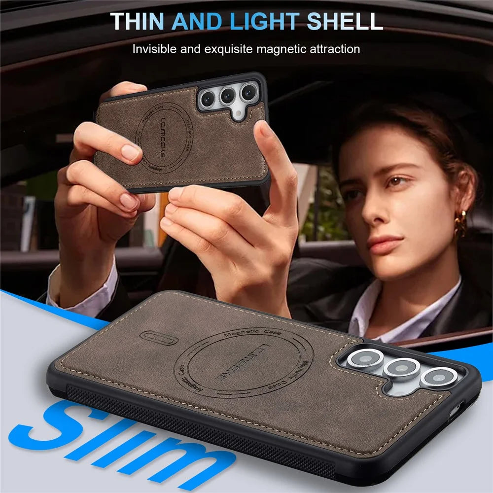 LC.IMEEKE L6 For Samsung Galaxy S24 Case PU Leather Coated PC TPU Phone Cover Magnetic Case - Coffee - 4