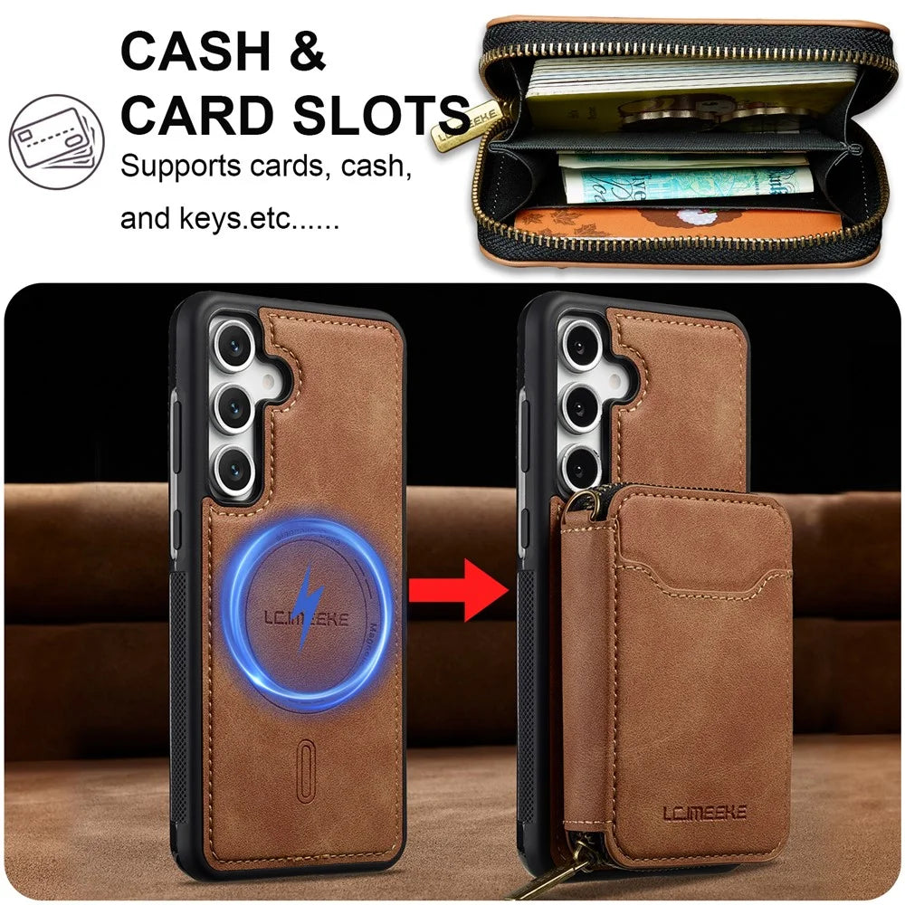 LC.IMEEKE L6 For Samsung	Galaxy S24 Magnetic Case Detachable Zipper Wallet Leather Coated PC + TPU Phone Cover - Brown - 4