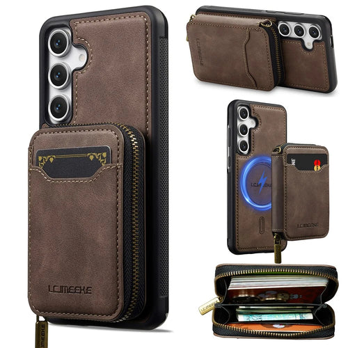 LC.IMEEKE L6 For Samsung	Galaxy S24+ Magnetic Case Detachable Zipper Wallet Leather Coated PC + TPU Phone Cover - Coffee - 1