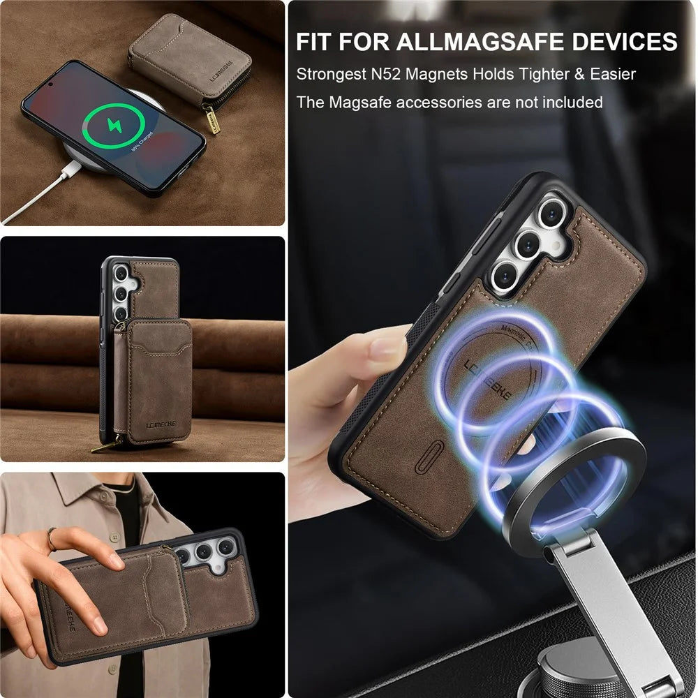 LC.IMEEKE L6 For Samsung	Galaxy S24+ Magnetic Case Detachable Zipper Wallet Leather Coated PC + TPU Phone Cover - Coffee - 6
