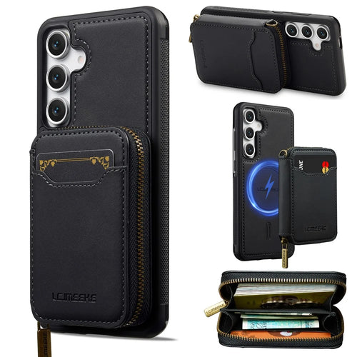 LC.IMEEKE L6 For Samsung	Galaxy S25+ Magnetic Case Detachable Zipper Wallet Leather Coated PC + TPU Phone Cover - Black - 1