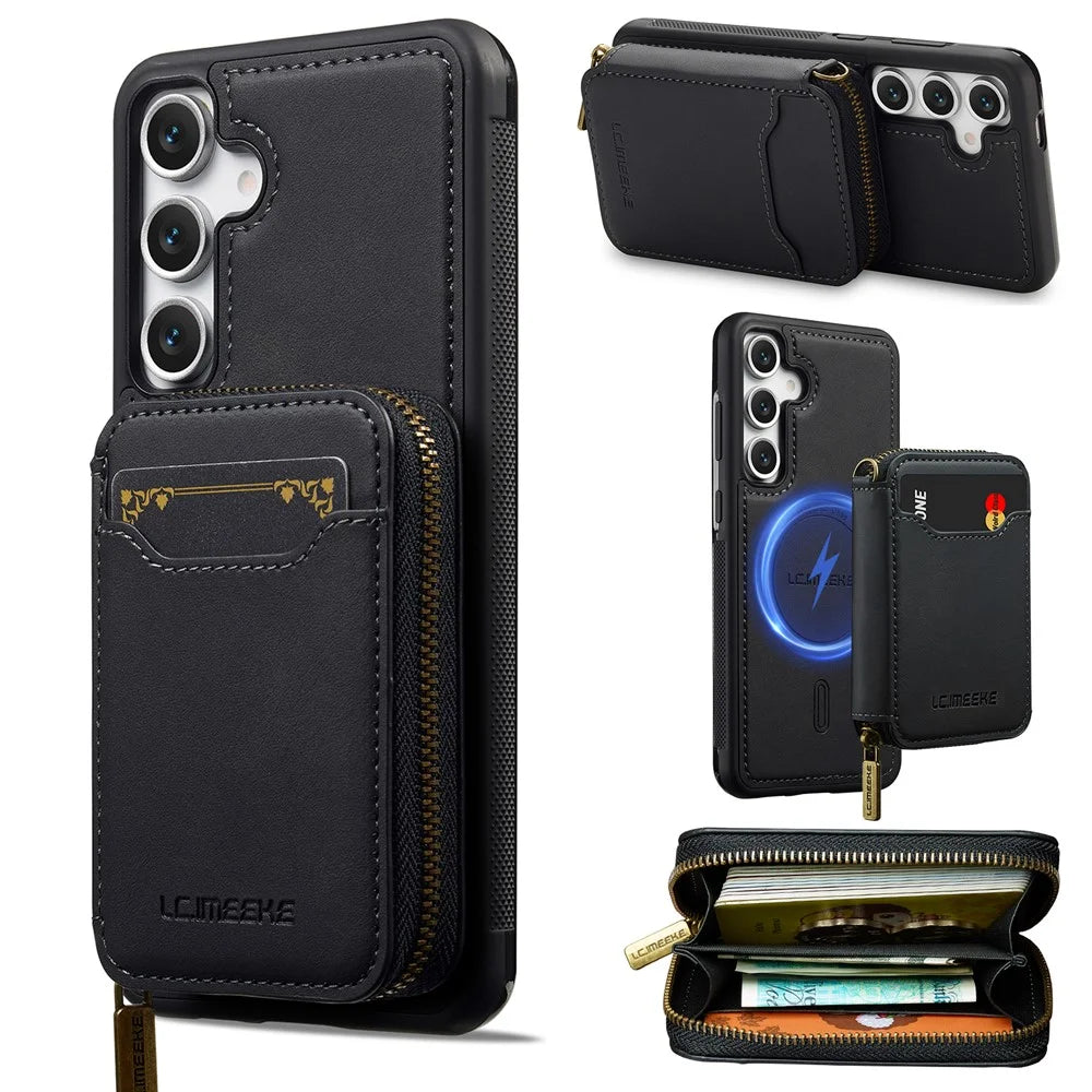 LC.IMEEKE L6 For Samsung	Galaxy S25+ Magnetic Case Detachable Zipper Wallet Leather Coated PC + TPU Phone Cover - Black - 1
