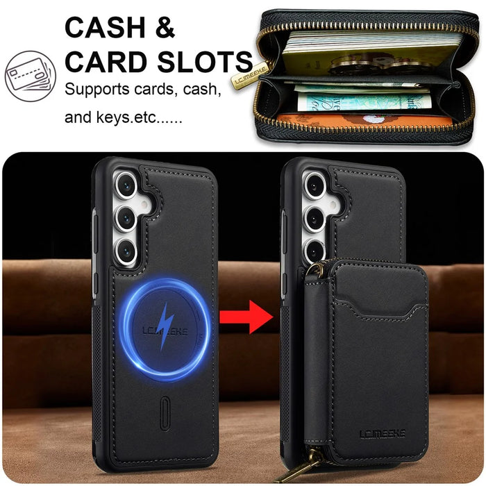 LC.IMEEKE L6 For Samsung	Galaxy S25+ Magnetic Case Detachable Zipper Wallet Leather Coated PC + TPU Phone Cover - Black - 4