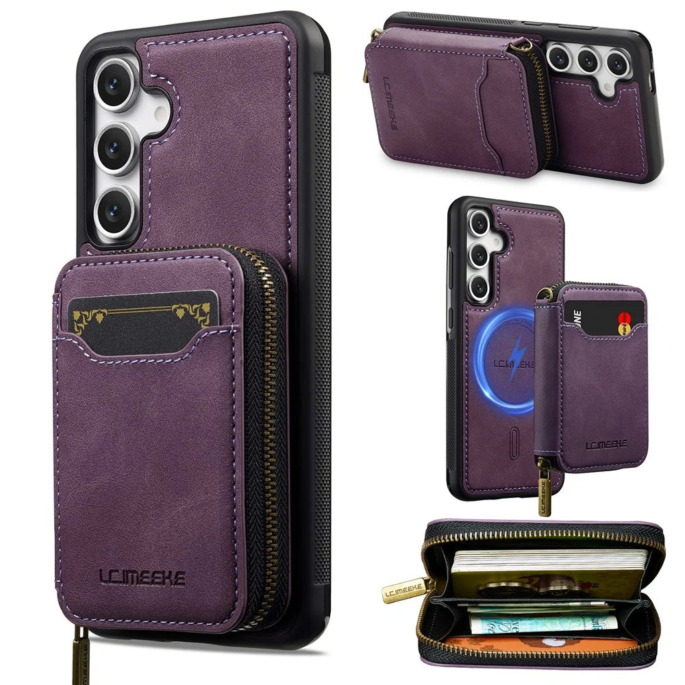 LC.IMEEKE L6 For Samsung	Galaxy S25 Magnetic Case Detachable Zipper Wallet Leather Coated PC + TPU Phone Cover - Purple - 1
